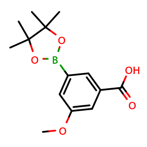 Chemical structure of 3-Methoxy-5-(4,4,5,5-tetramethyl-1,3,2-dioxaborolan-2-yl)benzoic acid , CAS 936728-20-0, AChemBlock AD256084