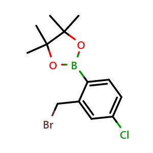 Chemical structure of 2-Bromomethyl-4-chlorophenylboronic acid pinacol ester , CAS 957034-64-9, AChemBlock AD256112