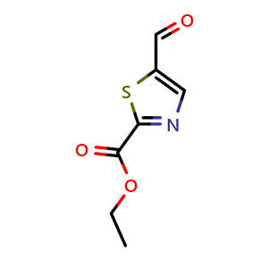 Chemical structure of Ethyl 5-formyl-1,3-thiazole-2-carboxylate , CAS 960235-22-7, AChemBlock AD256123