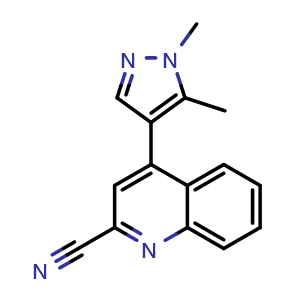 Chemical structure of 4-(1,5-Dimethyl-4-pyrazolyl)quinoline-2-carbonitrile , AChemBlock AD256127
