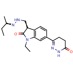 Chemical structure of 3-[[2-(Butan-2-ylidene)hydrazinyl]methylene]-1-ethyl-6-(6-oxo-1,4,5,6-tetrahydropyridazin-3-yl)indolin-2-one , CAS 2649561-54-4, AChemBlock AD256145