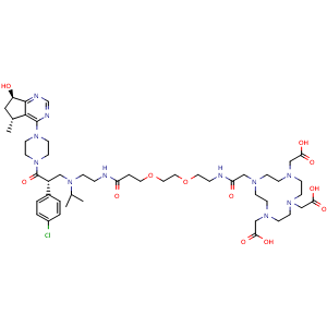 Chemical structure of 2,2',2''-(10-((S)-18-(4-Chlorophenyl)-19-(4-((5R,7R)-7-hydroxy-5-methyl-6,7-dihydro-5H-cyclopenta[d]pyrimidin-4-yl)piperazin-1-yl)-16-isopropyl-2,12,19-trioxo-6,9-dioxa-3,13,16-triazanonadecyl)-1,4,7,10-tetraazacyclododecane-1,4,7-triyl)triacetic aci.. , AChemBlock AD256152
