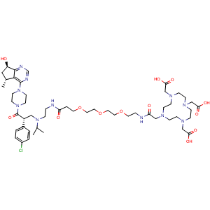 Chemical structure of 2,2',2''-(10-((S)-21-(4-Chlorophenyl)-22-(4-((5R,7R)-7-hydroxy-5-methyl-6,7-dihydro-5H-cyclopenta[d]pyrimidin-4-yl)piperazin-1-yl)-19-isopropyl-2,15,22-trioxo-6,9,12-trioxa-3,16,19-triazadocosyl)-1,4,7,10-tetraazacyclododecane-1,4,7-triyl)triacetic a.. , AChemBlock AD256153