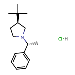 Chemical structure of (S)-3-(tert-Butyl)-1-[(R)-1-phenylethyl]pyrrolidine hydrochloride , AChemBlock AD256164