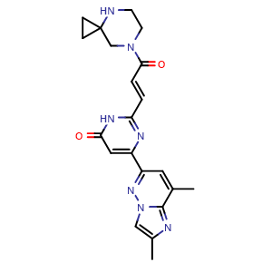 Chemical structure of 2-[(1E)-3-(4,7-diazaspiro[2.5]octan-7-yl)-3-oxoprop-1-enyl]-6-(2,8-dimethylimidazo[2,1-f][1,2]diazin-6-yl)-3,4-dihydropyrimidin-4-one , AChemBlock AD256172