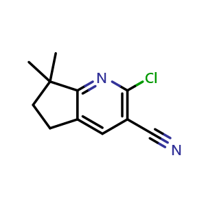 Chemical structure of 2-Chloro-7,7-dimethyl-6,7-dihydro-5H-cyclopenta[b]pyridine-3-carbonitrile , CAS 1422469-43-9, AChemBlock AD256208