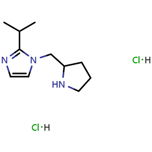 Chemical structure of 2-Isopropyl-1-(2-pyrrolidinylmethyl)-1H-imidazole dihydrochloride , CAS 2377033-93-5, AChemBlock AD256241