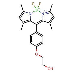 Chemical structure of 5,5-Difluoro-10-[4-(2-hydroxyethoxy)phenyl]-1,3,7,9-tetramethyl-5H-dipyrrolo[1,2-c:2',1'-f][1,3,2]diazaborinin-4-ium-5-uide , CAS 2389048-21-7, AChemBlock AD256243