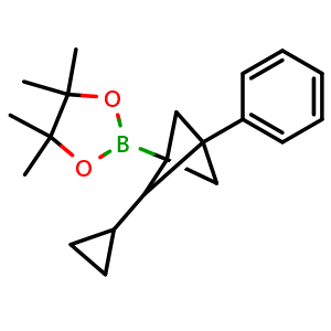 Chemical structure of 2-Cyclopropyl-3-phenylbicyclo[1.1.1]pentane-1-boronic acid pinacol ester , CAS 2609866-60-4, AChemBlock AD256246