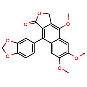 Chemical structure of 9-(Benzo[d][1,3]dioxol-5-yl)-4,6,7-trimethoxynaphtho[2,3-c]furan-1(3H)-one , CAS 25001-57-4, AChemBlock AD256302