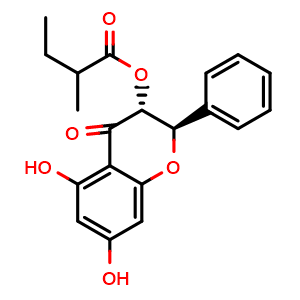 Chemical structure of Pinobanksin 3-(2-methyl)butyrate , CAS 1221923-43-8, AChemBlock AD256367