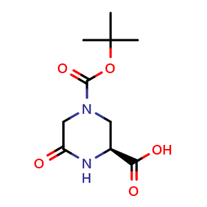 Chemical structure of (S)-4-(tert-Butoxycarbonyl)-6-oxopiperazine-2-carboxylic acid , CAS 1240586-09-7, AChemBlock AD256406