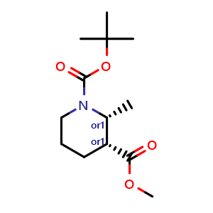 Chemical structure of cis-1-tert-butyl 3-methyl 2-methylpiperidine-1,3-dicarboxylate , CAS 1628258-96-7, AChemBlock AD256416