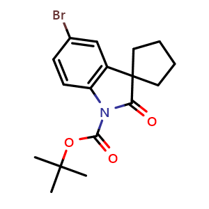 Chemical structure of tert-Butyl 5'-bromo-2'-oxo-1',2'-dihydrospiro[cyclopentane-1,3'-indole]-1'-carboxylate , AChemBlock AD256433
