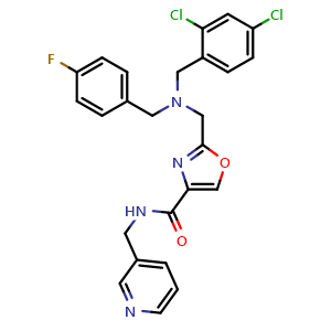 Chemical structure of 2-[[(2,4-dichlorophenyl)methyl-[(4-fluorophenyl)methyl]amino]methyl]-N-(3-pyridylmethyl)oxazole-4-carboxamide , CAS 1047811-44-8, AChemBlock AD256457