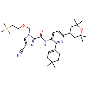 Chemical structure of 4-cyano-N-[2-(4,4-dimethylcyclohexen-1-yl)-6-(2,2,6,6-tetramethyltetrahydropyran-4-yl)-3-pyridyl]-1-(2-trimethylsilylethoxymethyl)imidazole-2-carboxamide , CAS 1142363-66-3, AChemBlock AD256458