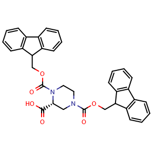 Chemical structure of (2R)-1,4-Bis(9H-fluoren-9-ylmethoxycarbonyl)piperazine-2-carboxylic acid , CAS 1217813-63-2, AChemBlock AD256461