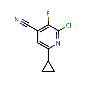 Chemical structure of 2-Chloro-6-cyclopropyl-3-fluoro-pyridine-4-carbonitrile , CAS 1537003-25-0, AChemBlock AD256465