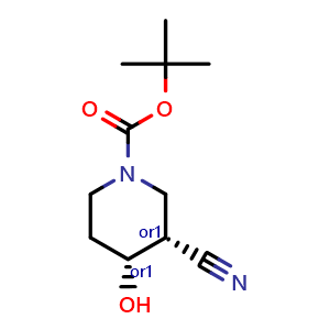 Chemical structure of tert-Butyl cis-3-cyano-4-hydroxy-piperidine-1-carboxylate , CAS 1903999-91-6, AChemBlock AD256472