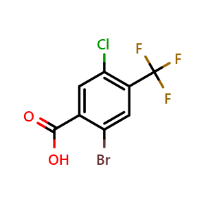 Chemical structure of 2-Bromo-5-chloro-4-(trifluoromethyl)benzoic acid , CAS 2091760-92-6, AChemBlock AD256475