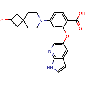 Chemical structure of 4-(2-Oxo-7-azaspiro[3.5]nonan-7-yl)-2-(1H-pyrrolo[2,3-b]pyridin-5-yloxy)benzoic acid , CAS 2383089-10-7, AChemBlock AD256484