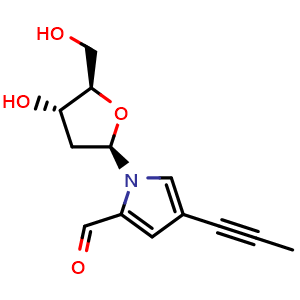 Chemical structure of 1-[(2R,4S,5R)-4-hydroxy-5-(hydroxymethyl)tetrahydrofuran-2-yl]-4-prop-1-ynyl-pyrrole-2-carbaldehyde , CAS 500780-80-3, AChemBlock AD256498