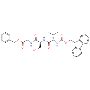 Chemical structure of benzyl 2-[[(2S)-2-[[(2S)-2-(9H-fluoren-9-ylmethoxycarbonylamino)-3-methyl-butanoyl]amino]-3-hydroxy-propanoyl]amino]acetate , AChemBlock AD256527