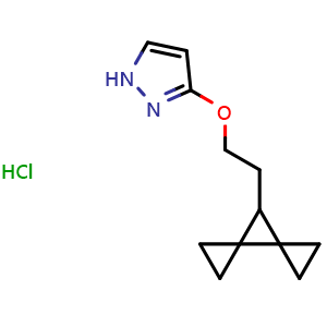 Chemical structure of 3-(2-(dispiro[2.0.24.13]heptan-7-yl)ethoxy)-1H-pyrazole hydrochloride , AChemBlock AD256535