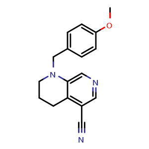 Chemical structure of 1-[(4-Methoxyphenyl)methyl]-3,4-dihydro-2H-1,7-naphthyridine-5-carbonitrile , AChemBlock AD256540