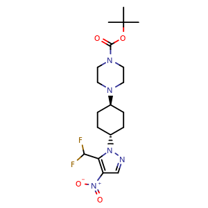 Chemical structure of tert-butyl trans-4-[4-[5-(difluoromethyl)-4-nitro-pyrazol-1-yl]cyclohexyl]piperazine-1-carboxylate , AChemBlock AD256550