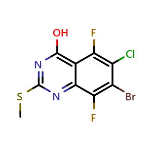 Chemical structure of 7-Bromo-6-chloro-5,8-difluoro-2-methylsulfanyl-quinazolin-4-ol , AChemBlock AD256551