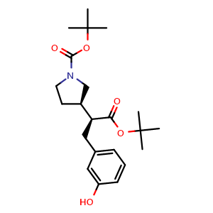 Chemical structure of tert-butyl (3R)-3-[(1S)-2-tert-butoxy-1-[(3-hydroxyphenyl)methyl]-2-oxo-ethyl]pyrrolidine-1-carboxylate , CAS 2565657-83-0, AChemBlock AD256558