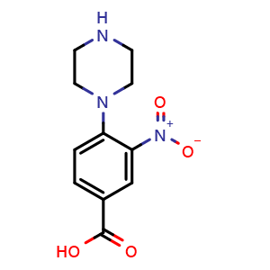Chemical structure of 3-Nitro-4-(piperazin-1-yl)benzoic acid , CAS 1216416-11-3, AChemBlock AD256647