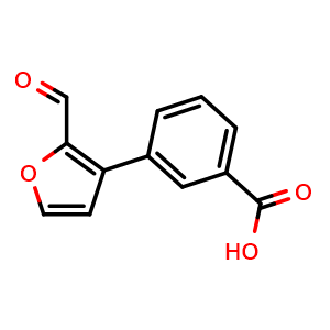 Chemical structure of 3-(2-Formylfuran-3-yl)benzoic acid , CAS 1823985-74-5, AChemBlock AD256672