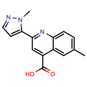 Chemical structure of 6-Methyl-2-(1-methyl-1H-pyrazol-5-yl)quinoline-4-carboxylic acid , CAS 1975383-79-9, AChemBlock AD256675