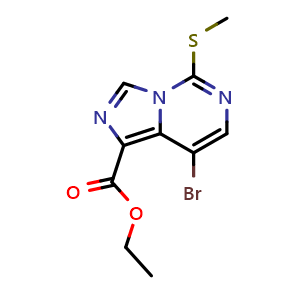 Chemical structure of Ethyl 8-bromo-5-(methylthio)imidazo[1,5-c]pyrimidine-1-carboxylate , CAS 2170605-19-1, AChemBlock AD256684