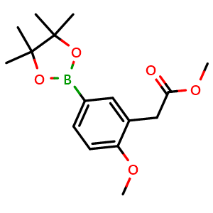 Chemical structure of Methyl 2-(2-methoxy-5-(4,4,5,5-tetramethyl-1,3,2-dioxaborolan-2-yl)phenyl)acetate , CAS 478375-44-9, AChemBlock AD256709