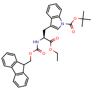 Chemical structure of 1-[(1,1-Dimethylethoxy)carbonyl]-N-[(9H-fluoren-9-ylmethoxy)carbonyl]-L-tryptophan ethyl ester , CAS 813452-93-6, AChemBlock AD256724