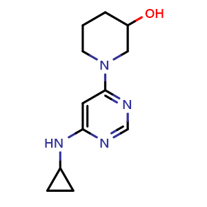Chemical structure of 1-(6-(Cyclopropylamino)pyrimidin-4-yl)piperidin-3-ol , CAS 1353974-07-8, AChemBlock AD256762