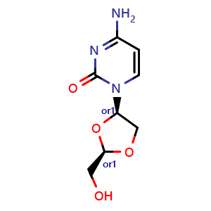 Chemical structure of rel-4-Amino-1-[(2R,4R)-2-(hydroxymethyl)-1,3-dioxolan-4-yl]-2(1H)-pyrimidinone , CAS 145511-98-4, AChemBlock AD256776