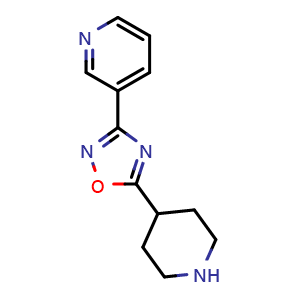 Chemical structure of 5-(Piperidin-4-yl)-3-(pyridin-3-yl)-1,2,4-oxadiazole , CAS 849925-01-5, AChemBlock AD256868