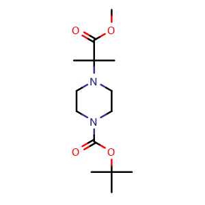 Chemical structure of tert-Butyl 4-(1-methoxy-2-methyl-1-oxopropan-2-yl)piperazine-1-carboxylate , CAS 1417526-04-5, AChemBlock AD256947