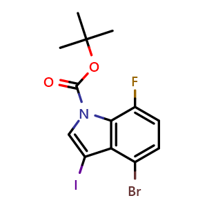 Chemical structure of tert-Butyl 4-bromo-7-fluoro-3-iodo-1H-i ndole-1-carboxylate , CAS 1935425-70-9, AChemBlock AD256961