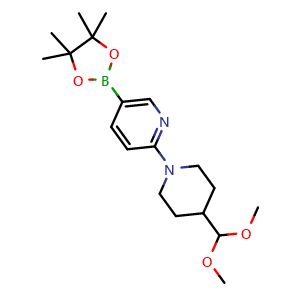 Chemical structure of 2-(4-(dimethoxymethyl)piperidin-1-yl)-5-(4,4,5,5-tetramethyl-1,3,2-dioxaborolan-2-yl)pyridine , AChemBlock AD257065