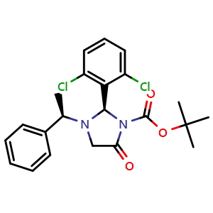 Chemical structure of tert-Butyl (R)-2-(2,6-Dichlorophenyl)-5-oxo-3-[(R)-1-phenylethyl]imidazolidine-1-carboxylate , CAS 1004755-00-3, AChemBlock AD257077