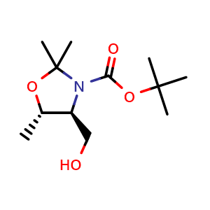 Chemical structure of tert-Butyl (4S,5S)-4-(Hydroxymethyl)-2,2,5-trimethyloxazolidine-3-carboxylate , CAS 1013028-27-7, AChemBlock AD257088