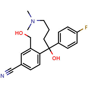 Chemical structure of 4-[4-(Dimethylamino)-1-(4-fluorophenyl)-1-hydroxybutyl]-3-(hydroxymethyl)benzonitrile , CAS 103146-25-4, AChemBlock AD257099