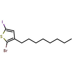 Chemical structure of 2-Bromo-5-iodo-3-n-octylthiophene (stabilized with Copper chip) , CAS 1085181-82-3, AChemBlock AD257128