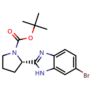 Chemical structure of (S)-tert-Butyl 2-(6-bromo-1H-benzo[d]imidazol-2-yl)pyrrolidine-1-carboxylate , CAS 1208007-67-3, AChemBlock AD257192