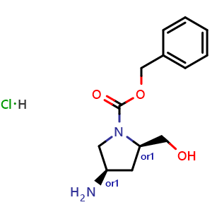 Chemical structure of rel-Benzyl (2R,4R)-4-amino-2-(hydroxymethyl)pyrrolidine-1-carboxylate hydrochloride , CAS 1217734-12-7, AChemBlock AD257200